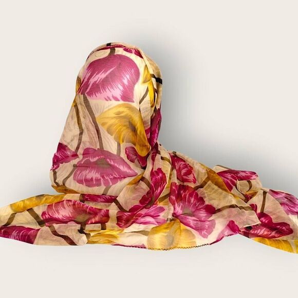 Womens Scarf Sheer Chiffon Rectangle Magenta Gold Floral Print Wrap Classic Boho - Picture 6 of 9